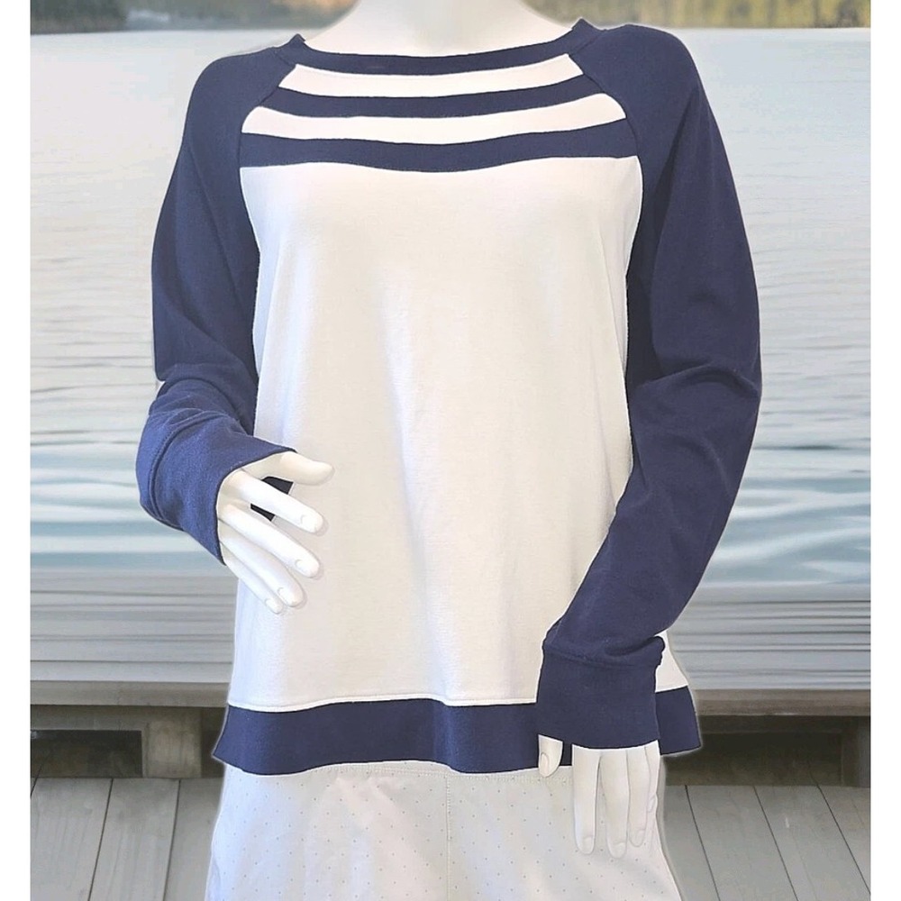 Belyn Key Women's Navy White Stripe Raglan Long Sleeve Top Size M Rayon Golf‎ - Picture 2 of 16